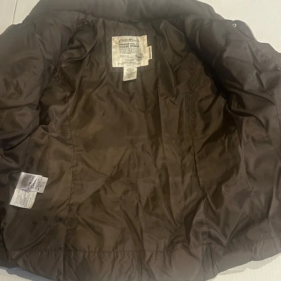 Eddie Bauer Brown goose down Quilted Puffer Jacket w zipper & pockets buttons - Picture 13 of 16